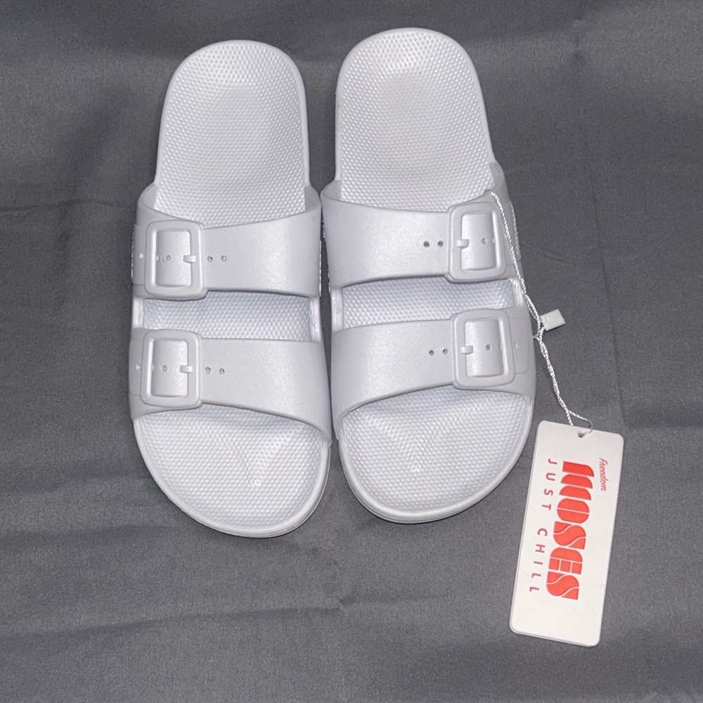 Freedom Moses White Double Strap Buckle Slide Sandals EU 38 39 US Women 8-9